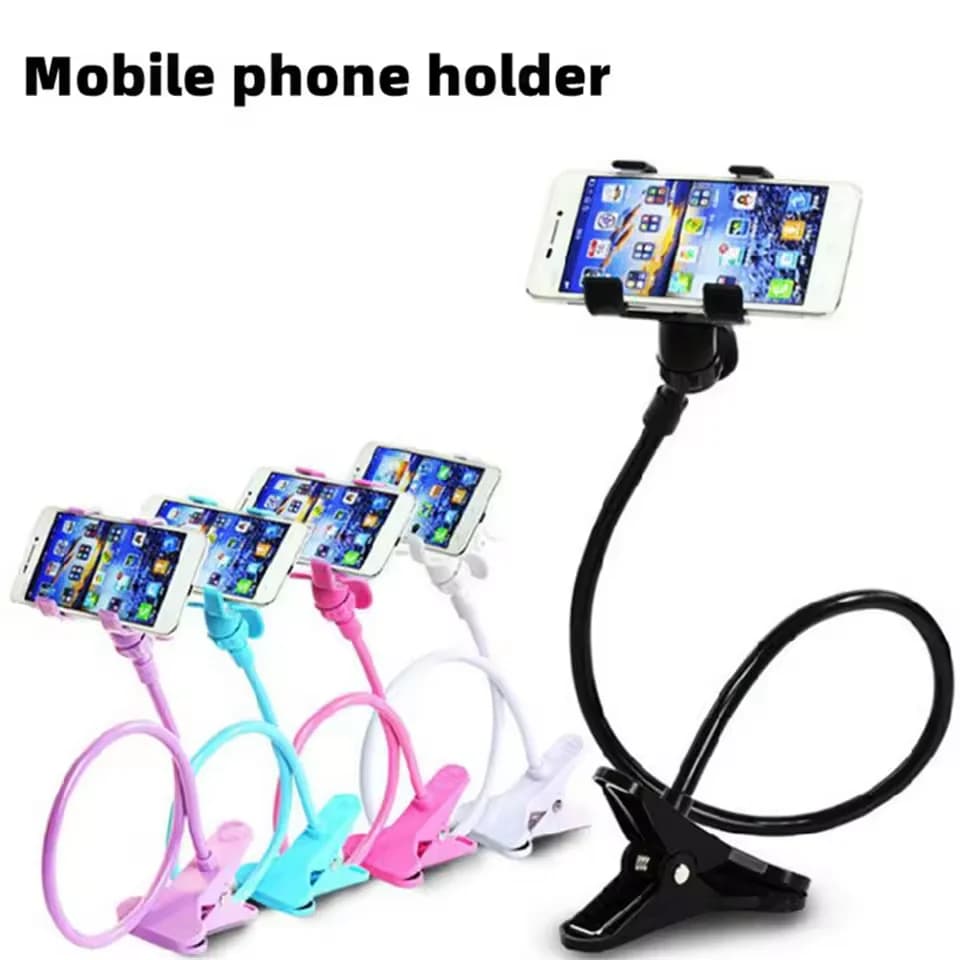Suporte para celular universal com braço flexível longo em cores variadas incluindo preto, rosa, azul e branco