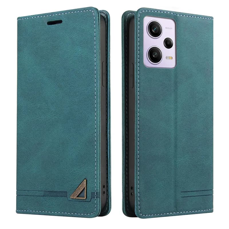 Capa carteira verde em couro para Xiaomi Poco F5 Pro mostrando frente e verso com acabamento costurado e recorte para câmera