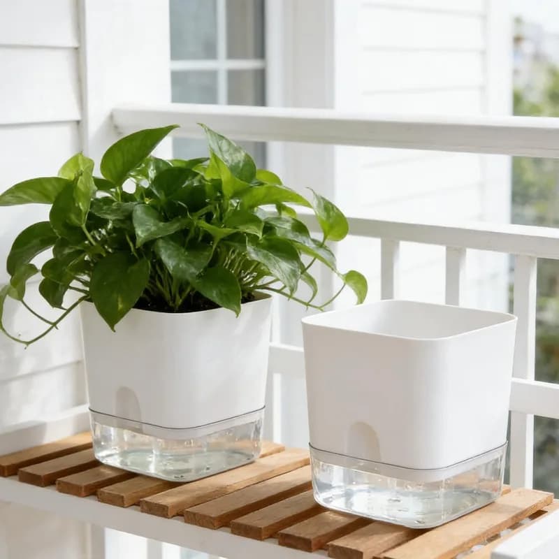 Conjunto de vasos autoirrigáveis brancos quadrados com plantas verdes, base transparente para irrigação