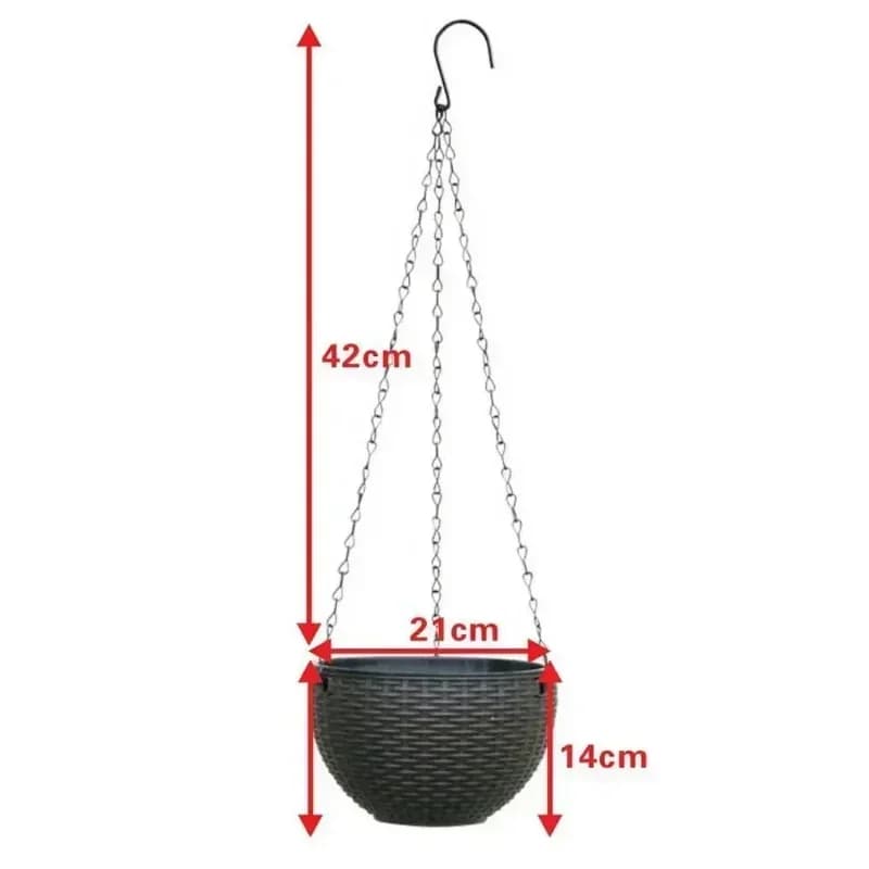 Dimensões do vaso suspenso preto padrão rattan com corrente, 42cm altura total e 21cm largura