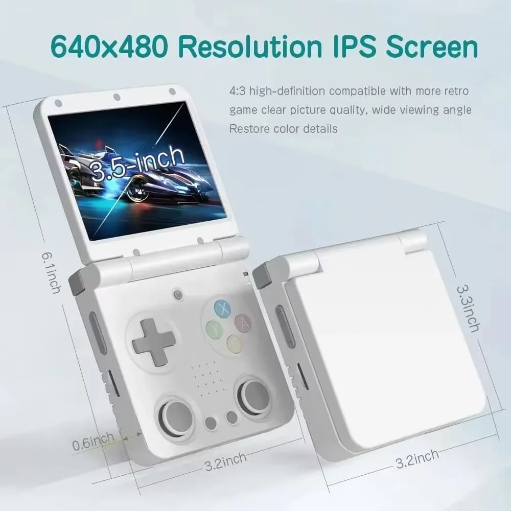 Console Miyoo Flip V2 branco com tela IPS 3,5 polegadas resolução 640x480 e dimensões detalhadas