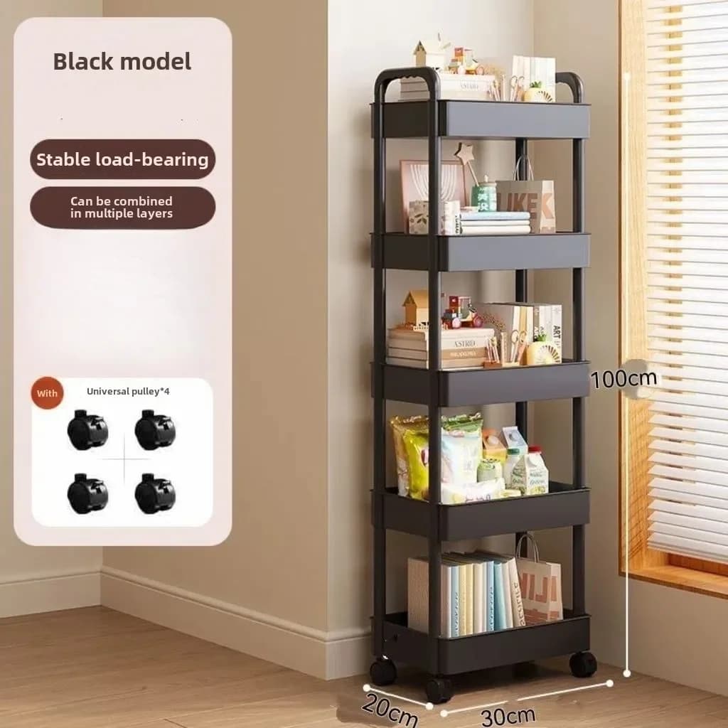 Carrinho de armazenamento Black Model preto 100cm com 4 prateleiras abertas e rodas universais para organização