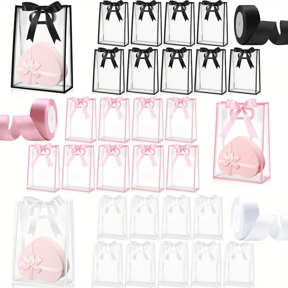 Conjunto de 10 sacos de presente transparentes com fitas rosa e preta