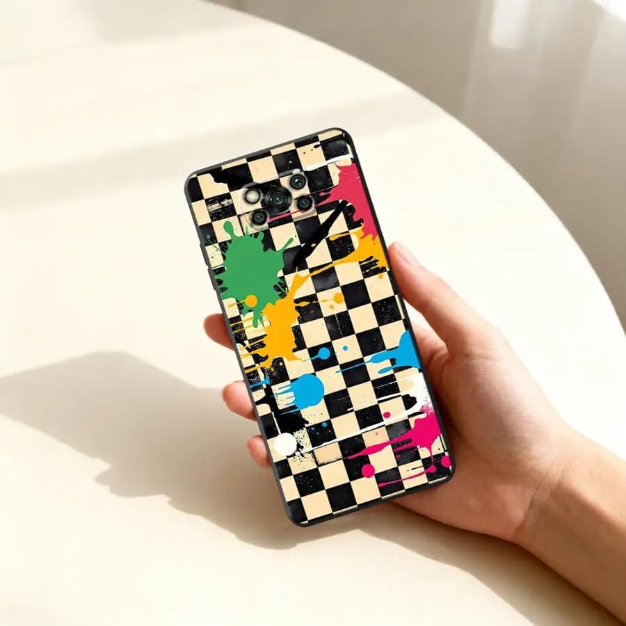 Capa para Xiaomi Poco F5 F3 X4 X3 Pro com estampa xadrez grafite e respingos de tinta coloridos
