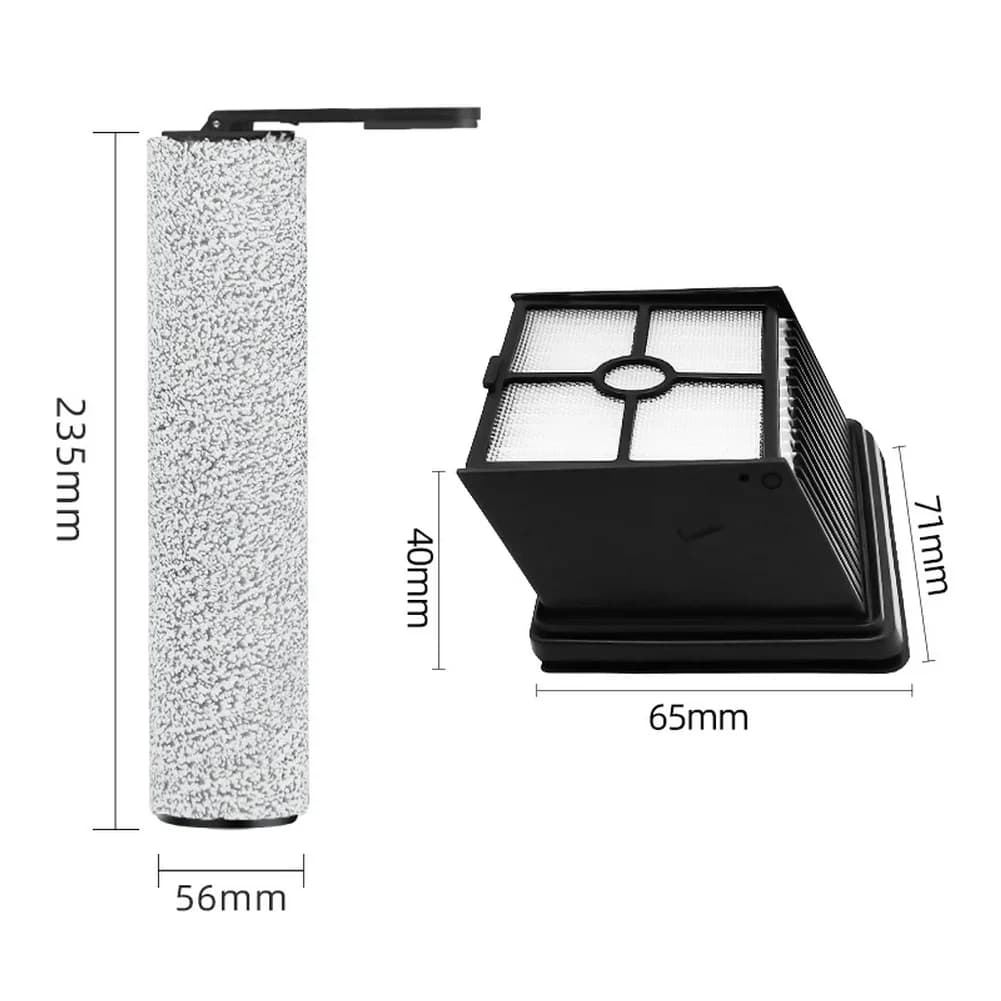 Dimensões do filtro HEPA e escova rotativa para aspirador Lubluelu BVC-T8A em fundo branco