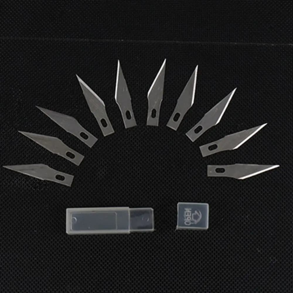 Conjunto 10 lâminas para estilete de precisão universal afiadas em aço inox prata com estojo plástico