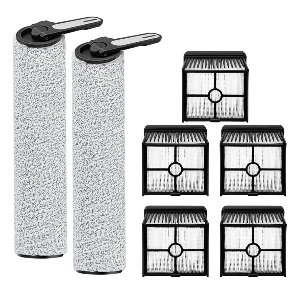Peças de reposição para aspirador de pó Lubluelu BVC-T8A, incluindo escovas rotativas e filtros HEPA.