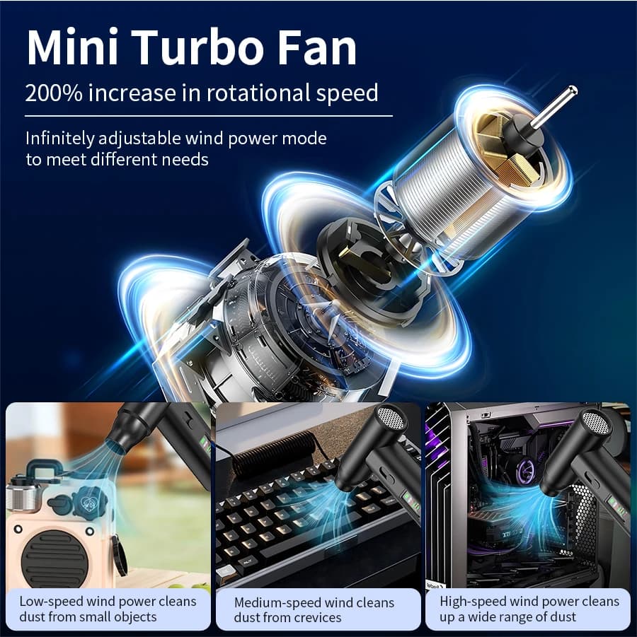 Mini Turbo Fan do aspirador Jácotei com ajuste de velocidade para limpeza de objetos pequenos e teclados