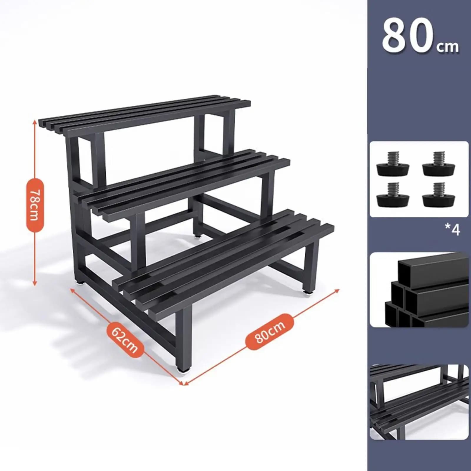 Suporte de metal preto para plantas com design em escada de 3 níveis