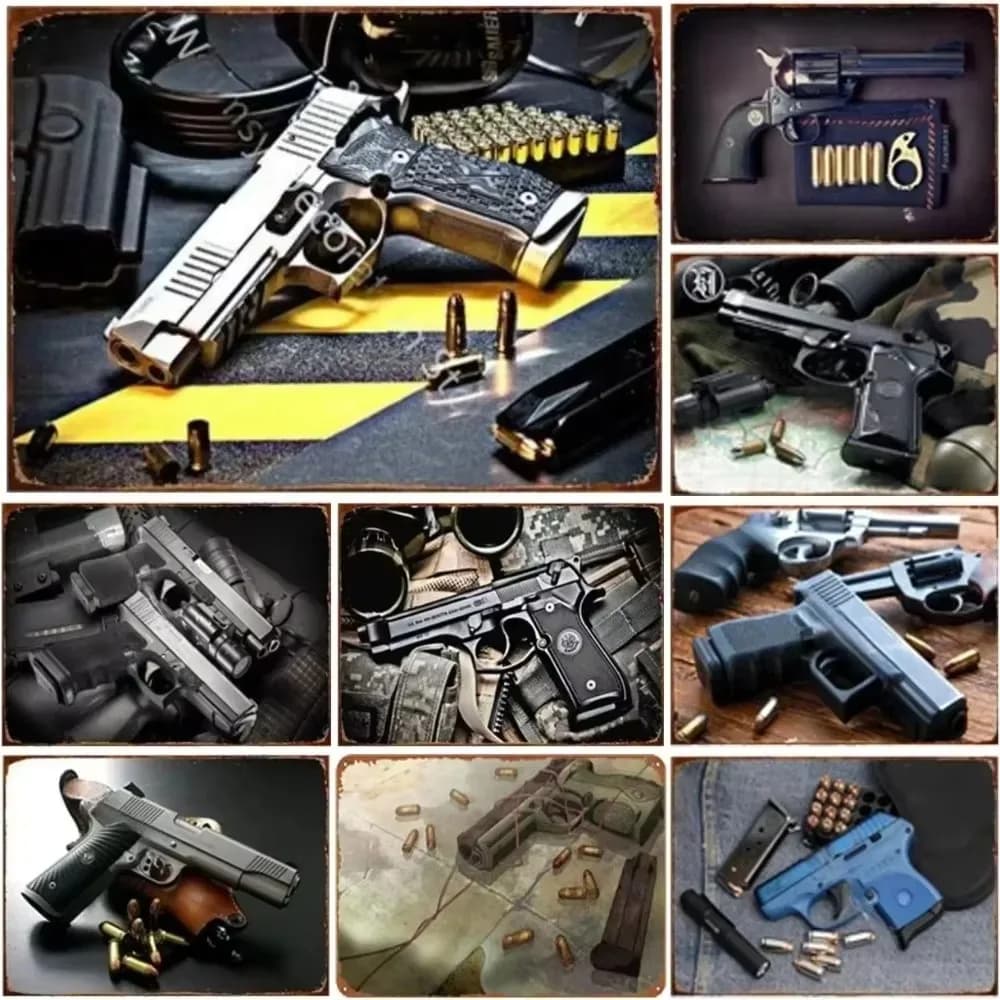 Placa de metal decorativa estilo militar com pistolas e munições em fundo preto e amarelo