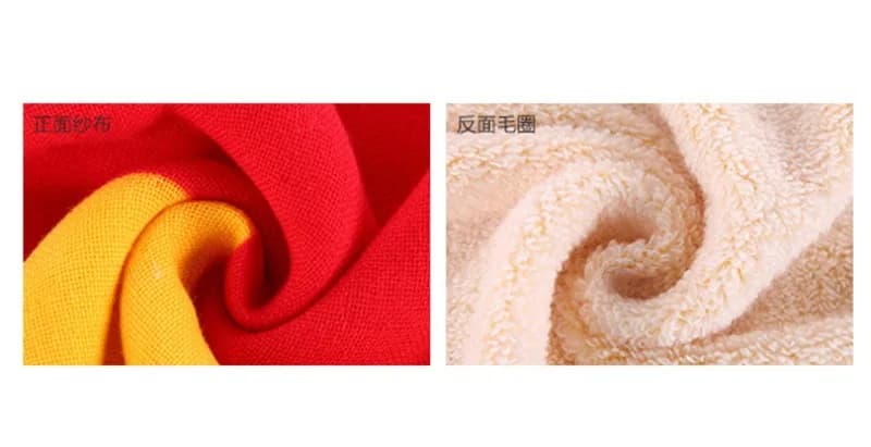 Close no tecido vermelho e amarelo macio da toalha infantil Marvel com textura felpuda interna