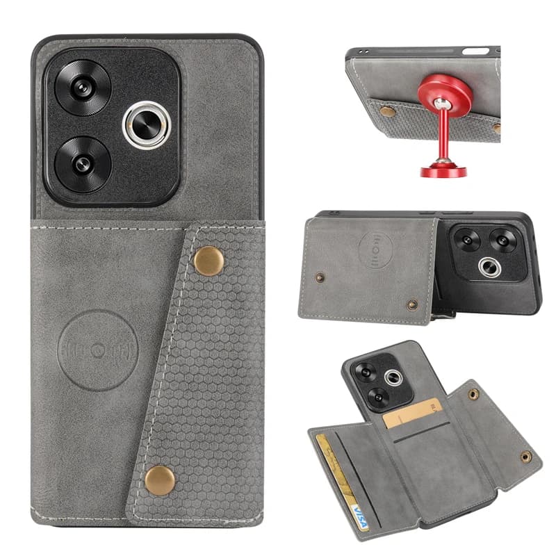 Capa de telefone flip de couro com suporte magnético para carro e slot para cartão, cinza, múltiplos compartimentos.