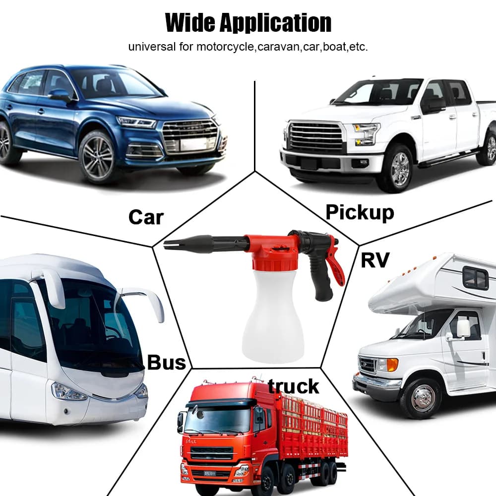Pistola de espuma automotiva Snow Foamer com aplicação em carros, caminhonetes, ônibus, caminhões e trailers