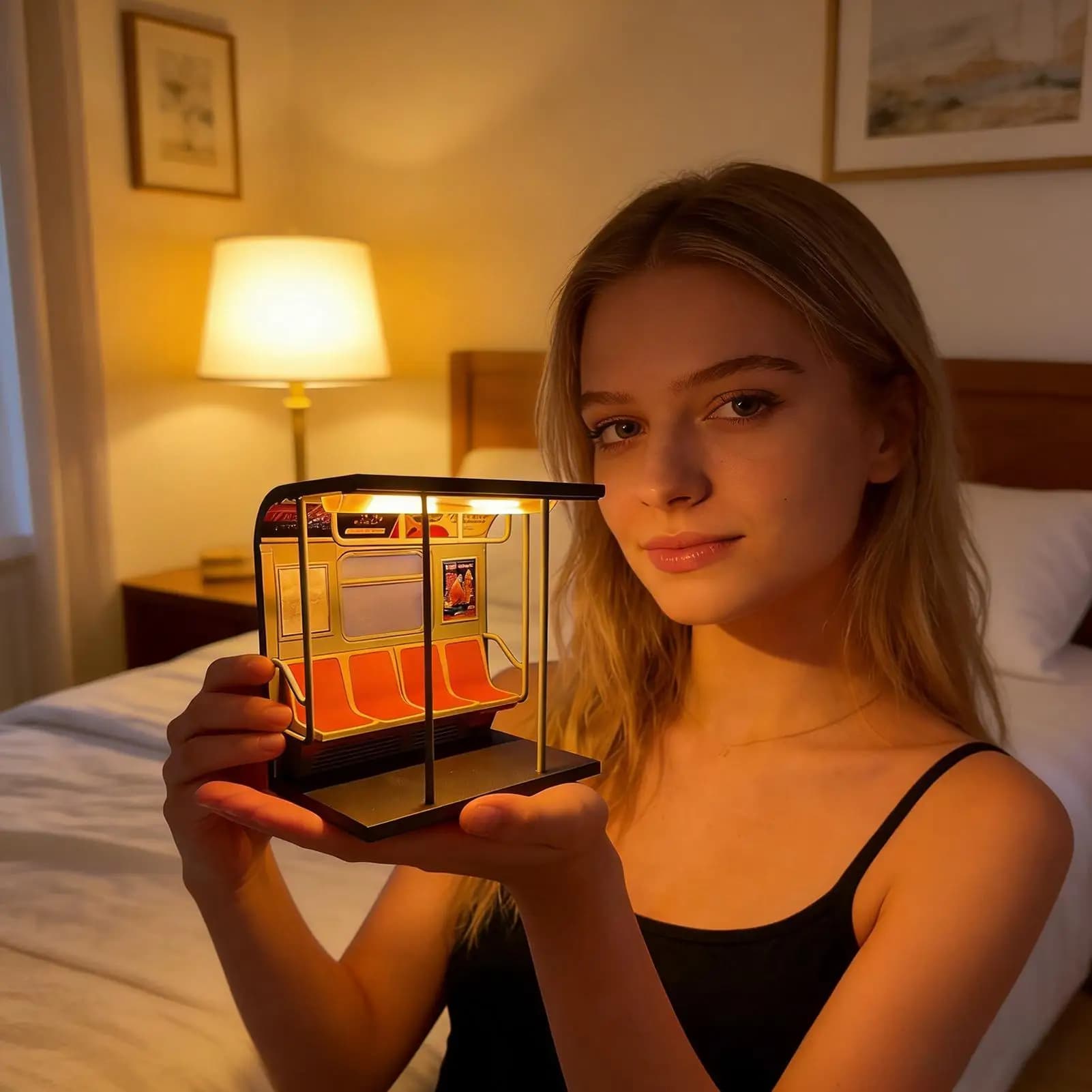 Luminária Noturna LED Modelo Trem de Metrô Retrô com 3 Pôsteres Substituíveis, Luminária de Mesa para Homens, Crianças, Adultos e Família, para Cabeceira de Cama