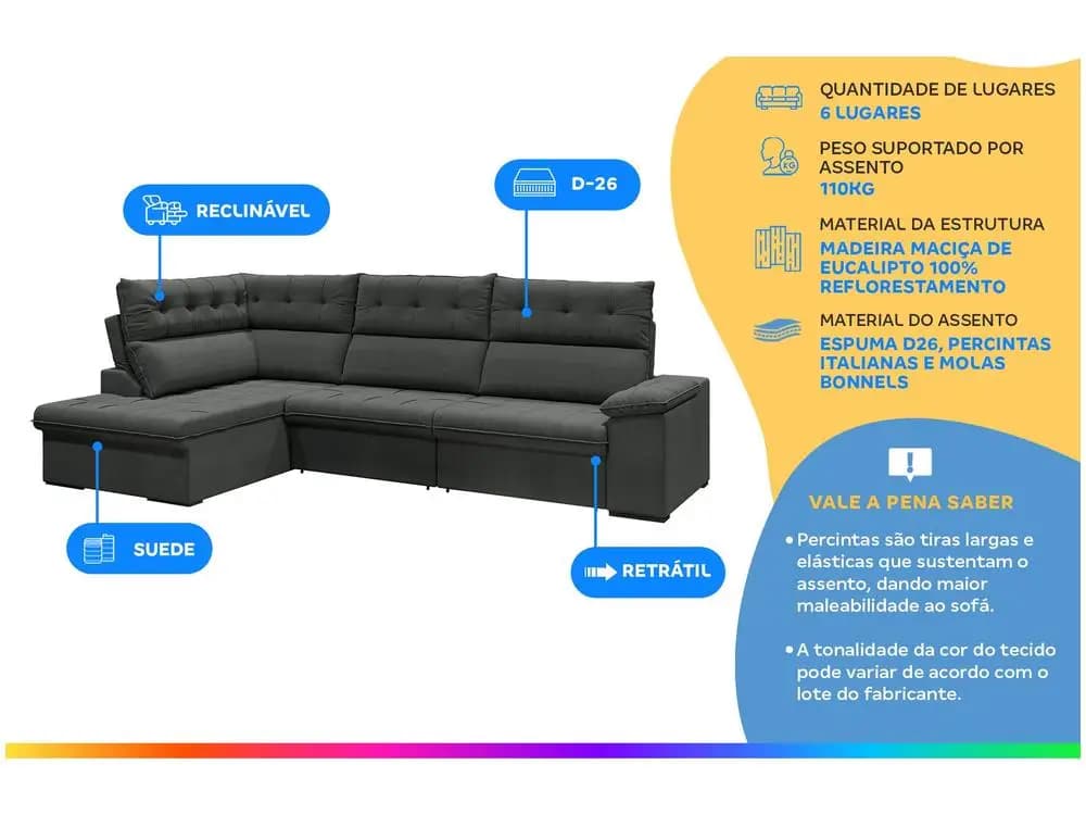 Sofá Flexforma Madrid cinza escuro com detalhes de material, estrutura em madeira e espuma D-26, reclinável e retrátil