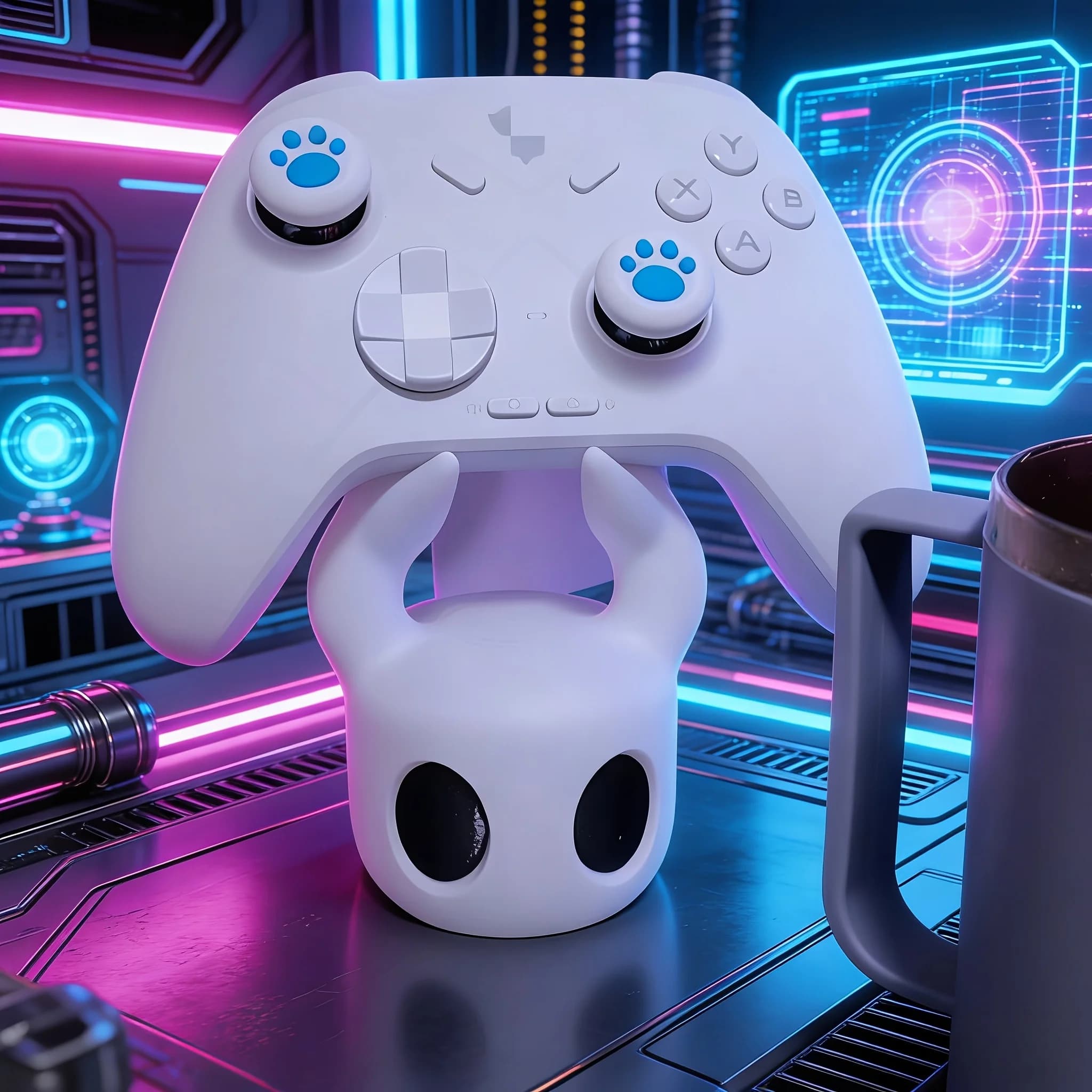 Suporte para controle de jogos branco com chifres e base de rosto estilizado, design criativo gamer