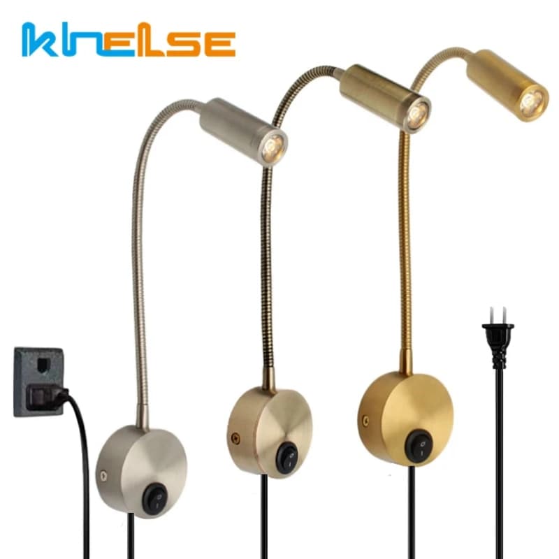 3w bronze gooseneck conduziu a lâmpada de parede com cabo plug mangueira flexível arandela quarto cabeceira leitura montagem na parede iluminação ponto AC85-265V