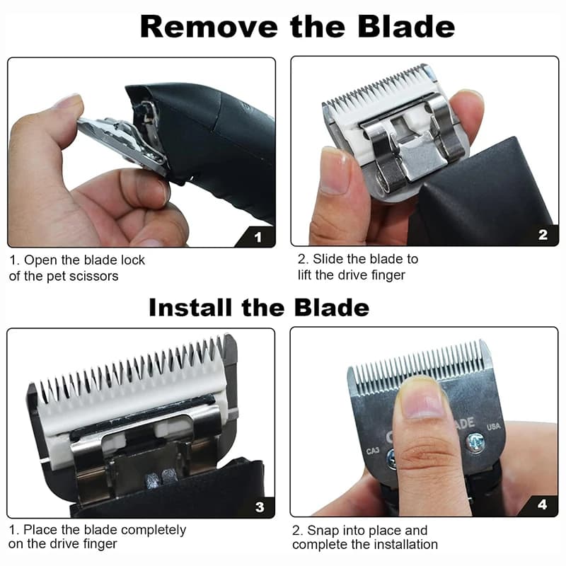Instruções para remover e instalar lâminas de tosa para cães em máquina profissional