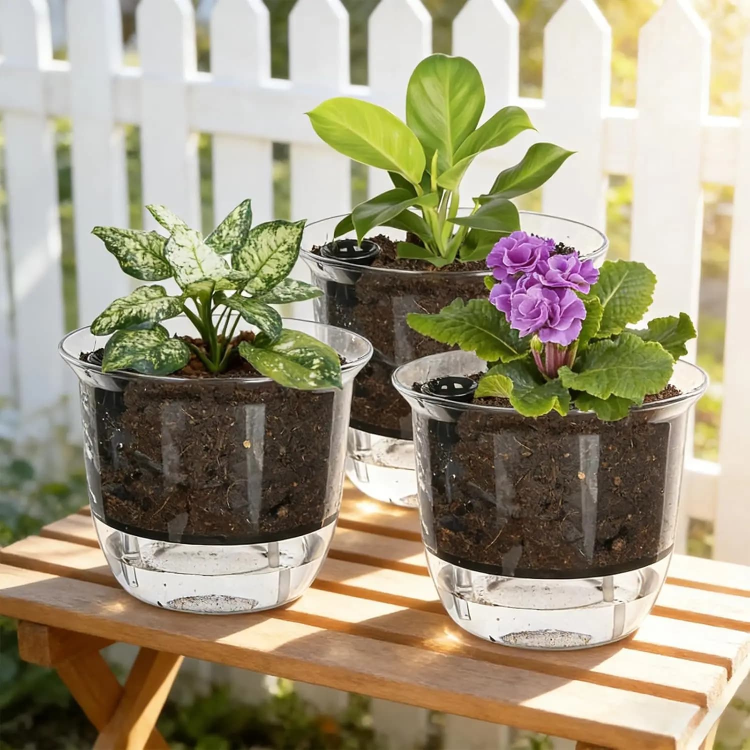 Conjunto de 3 vasos autoirrigáveis transparentes com plantas variadas em mesa de madeira ao ar livre