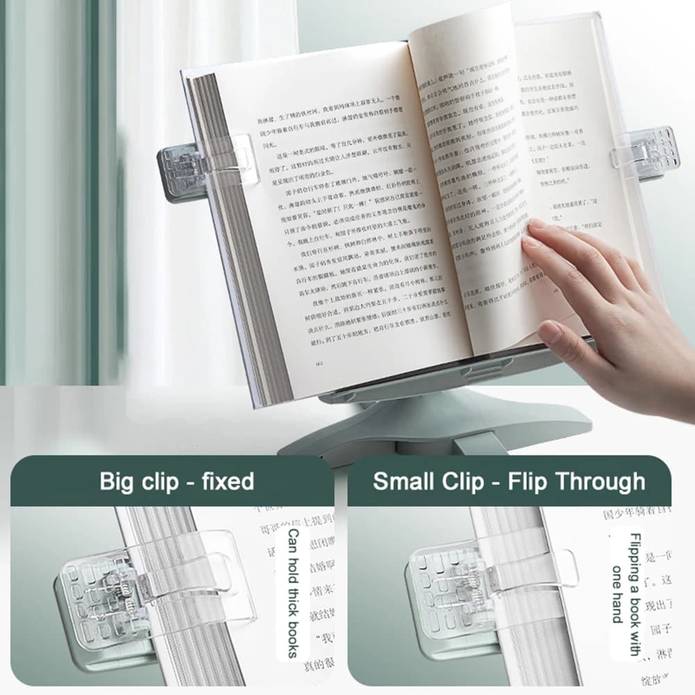Estante de leitura cinza com clipes grandes e pequenos para segurar páginas de livros com facilidade
