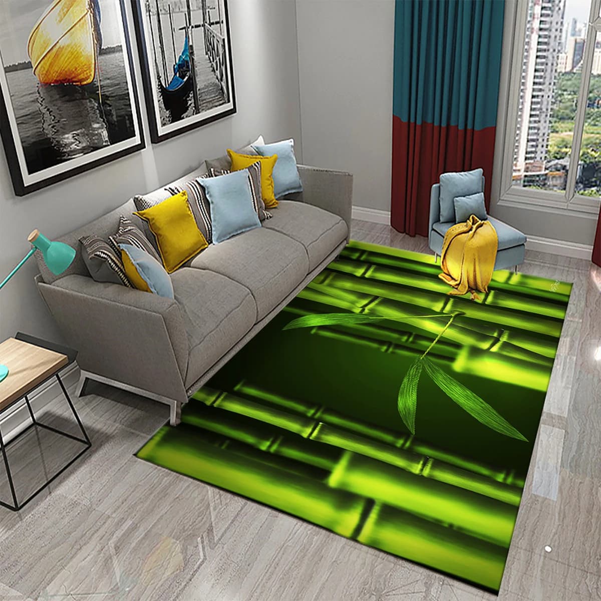 Tapete 3D verde de bambu para sala de estar
