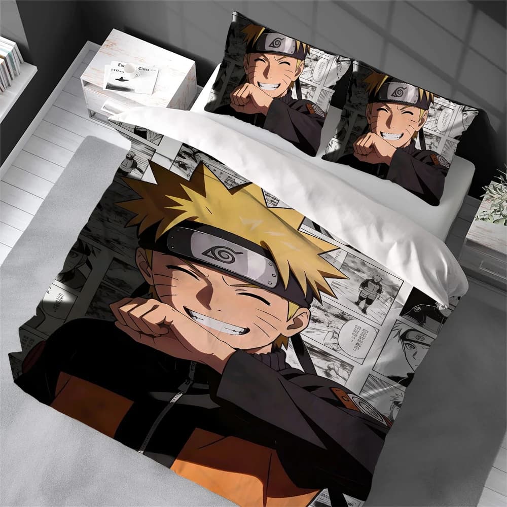 Conjunto de capa de edredom Naruto, anime, cama com fundo cinza, personagem principal com cabelo loiro e olhos azuis.