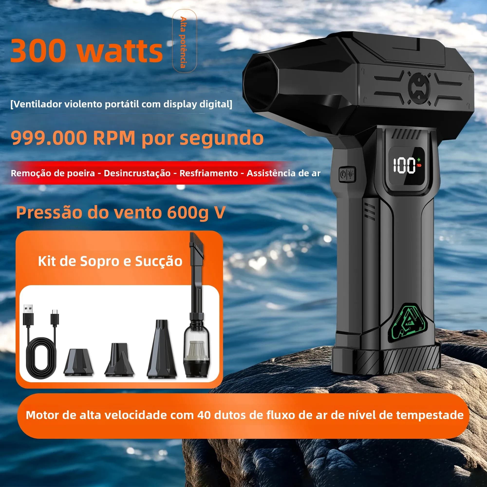 Ventilador de alta velocidade com display digital, 600g de pressão de vento, 999.000 RPM, 300 watts, kit de sopro e sucção
