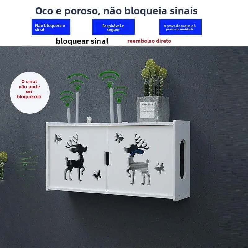 Caixa de TV sem fio e rack de armazenamento branco montado na parede com compartimentos e ventilação para roteadores