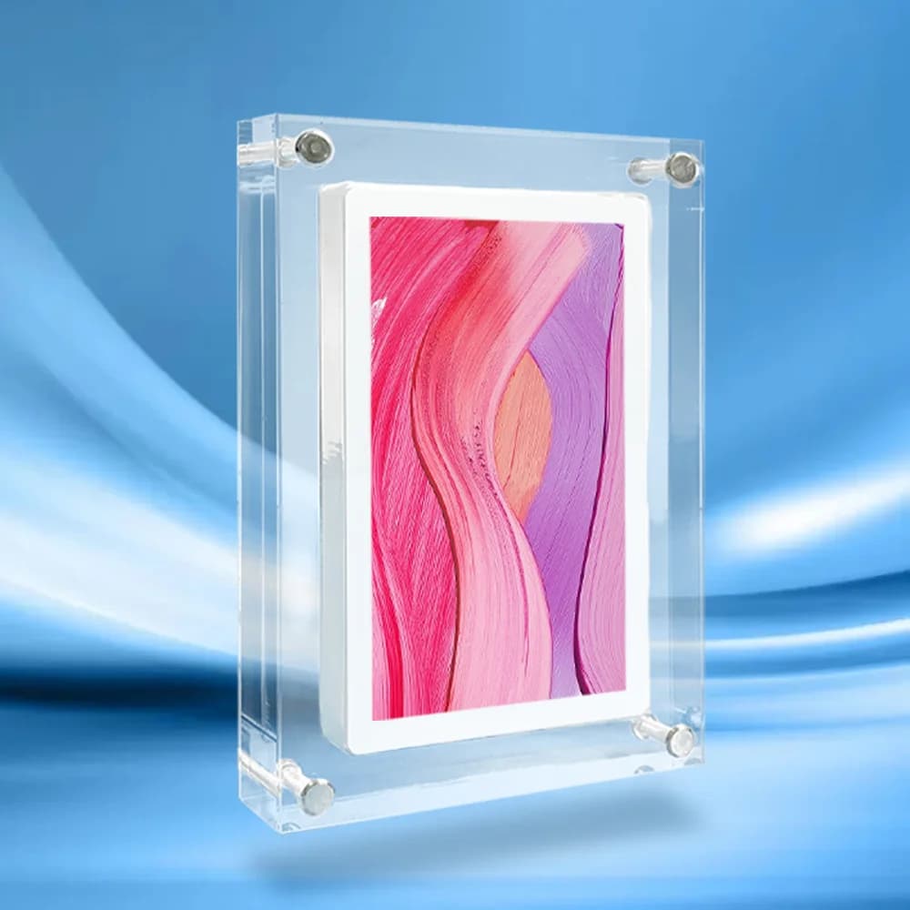 Porta-retratos digital acrílico transparente com display vertical 5/7 polegadas exibindo imagem abstrata colorida
