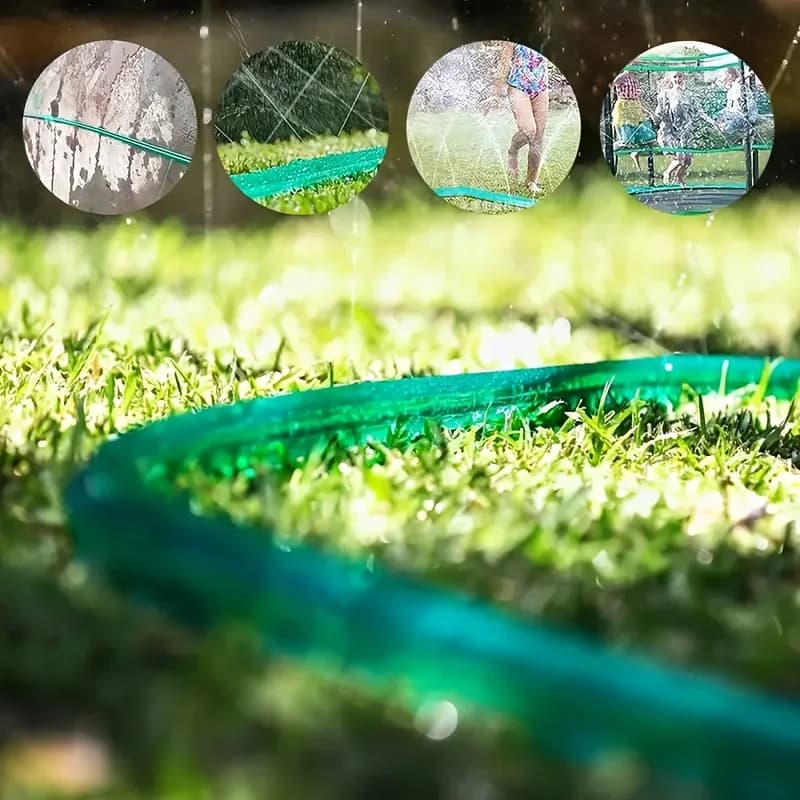 Mangueira de jardim verde flexível com aspersores para irrigação de gramados e flores