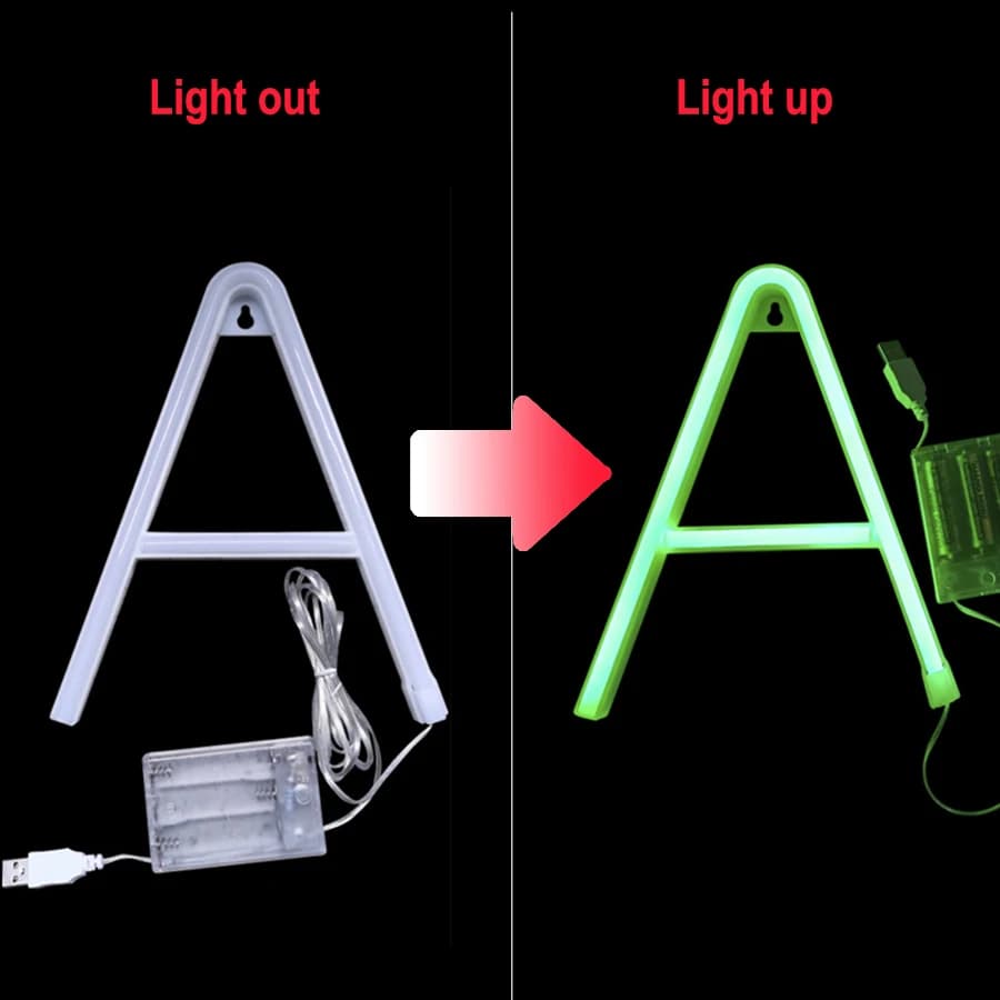 Luz neon decorativa letra A LED verde com fonte USB e bateria mostrando modo desligado e ligado