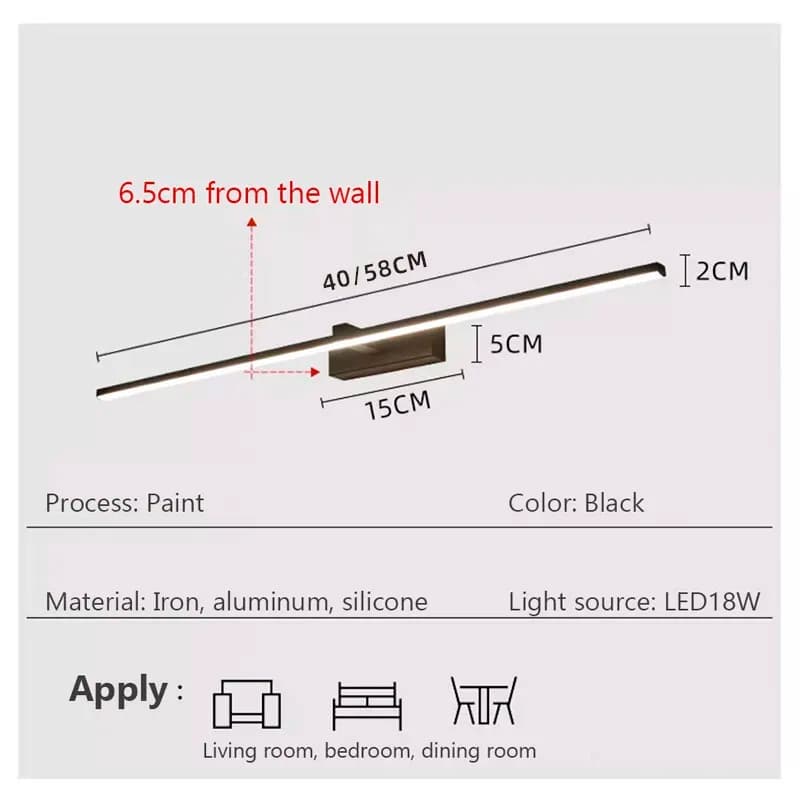 Esquema técnico da lâmpada LED preta para parede com medidas e materiais ferro, alumínio e silicone
