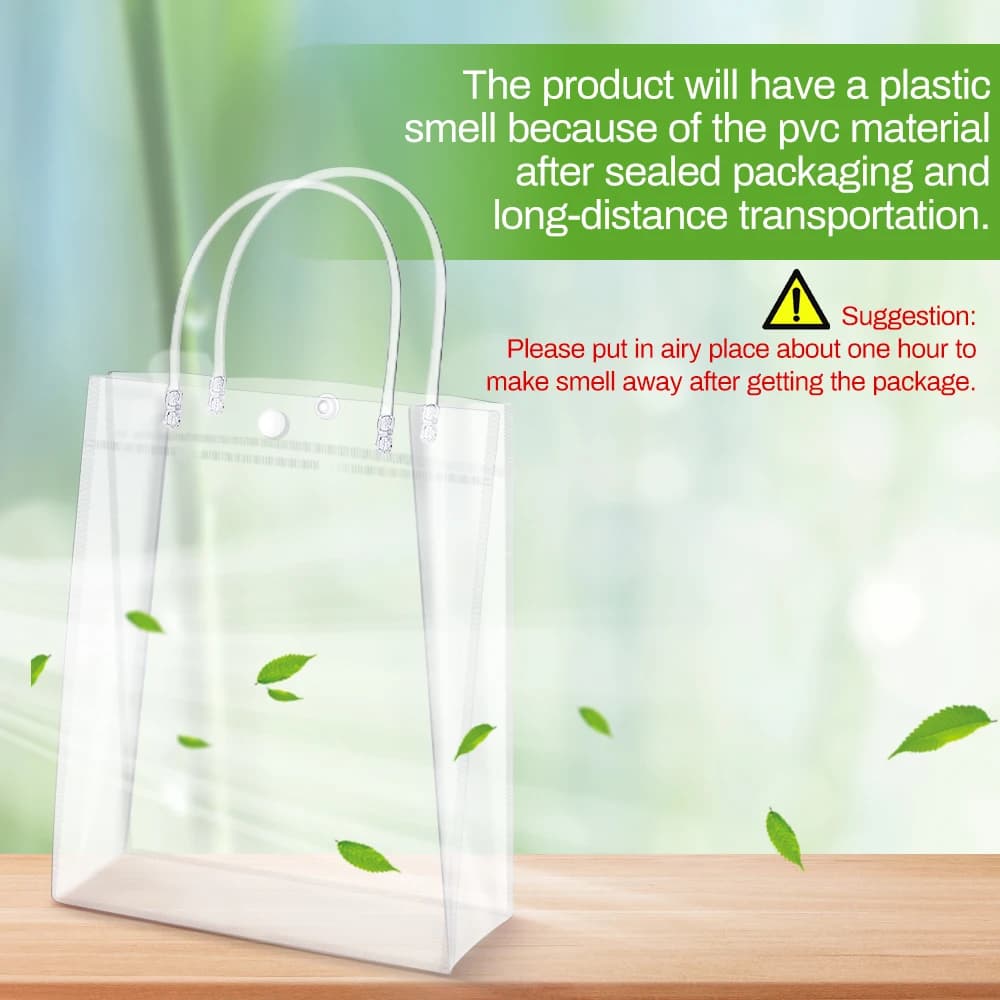 Saco de presente transparente cristal com alça metálica e aviso sobre cheiro do material PVC