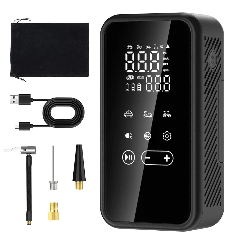 Inflador de pneus elétrico portátil com tela de toque, preto, cabo USB, estojo e acessórios para válvulas