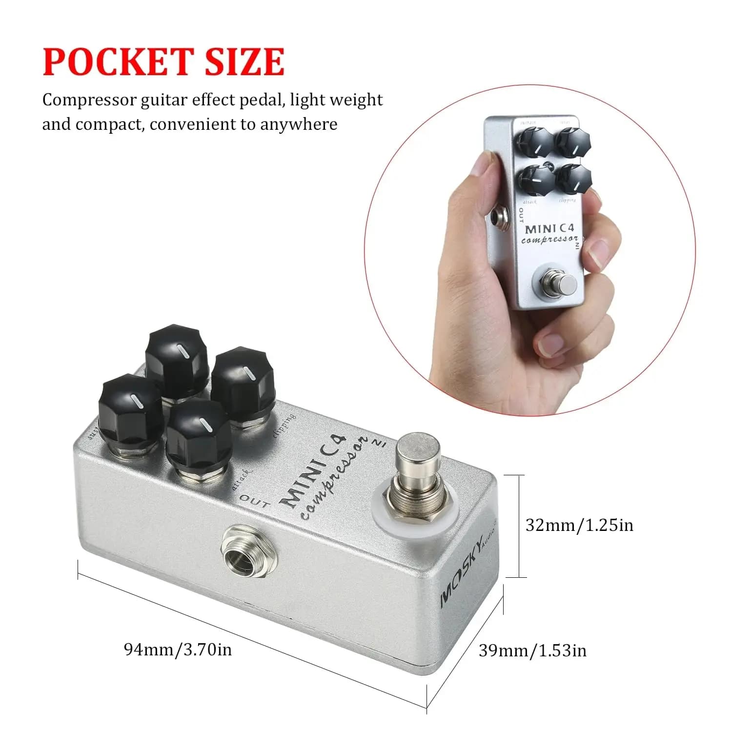 Pedal de compressor dinâmico Mosky MINI C4 para guitarra, efeito true bypass, carcaça de metal para guitarristas e bajistas, uso em palco