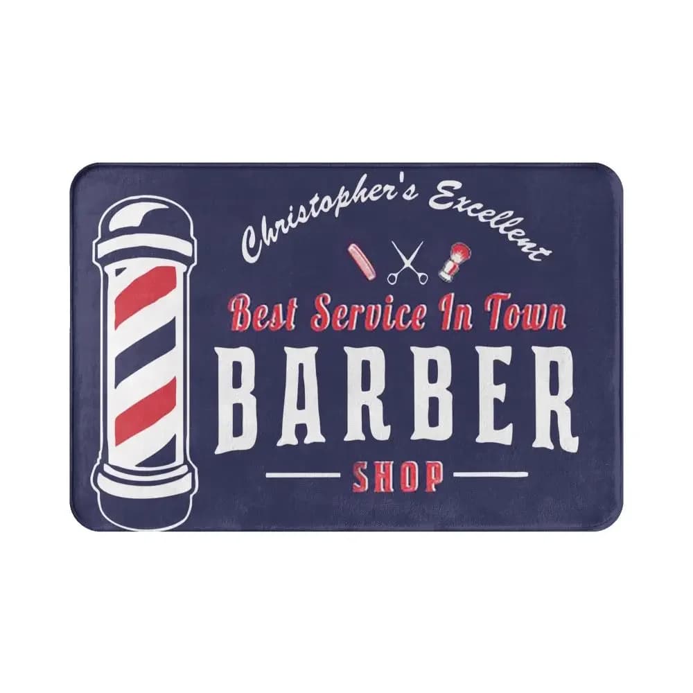 Capacho azul com design clássico de barbearia e texto em vermelho e branco para decoração de entrada
