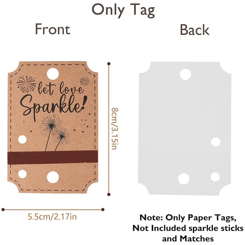 Etiqueta de presente Let Love Sparkle marrom frente e verso com medidas 8x5,5 cm para casamento