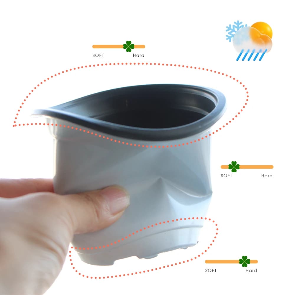 Vaso plástico branco pequeno flexível e respirável, mostrando textura e resistência ao toque