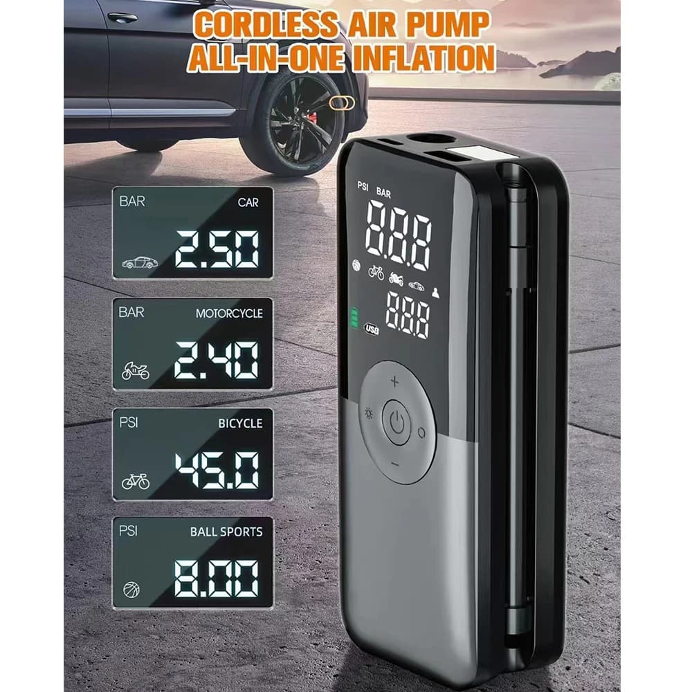 Compressor de ar portátil elétrico cinza e preto com tela digital