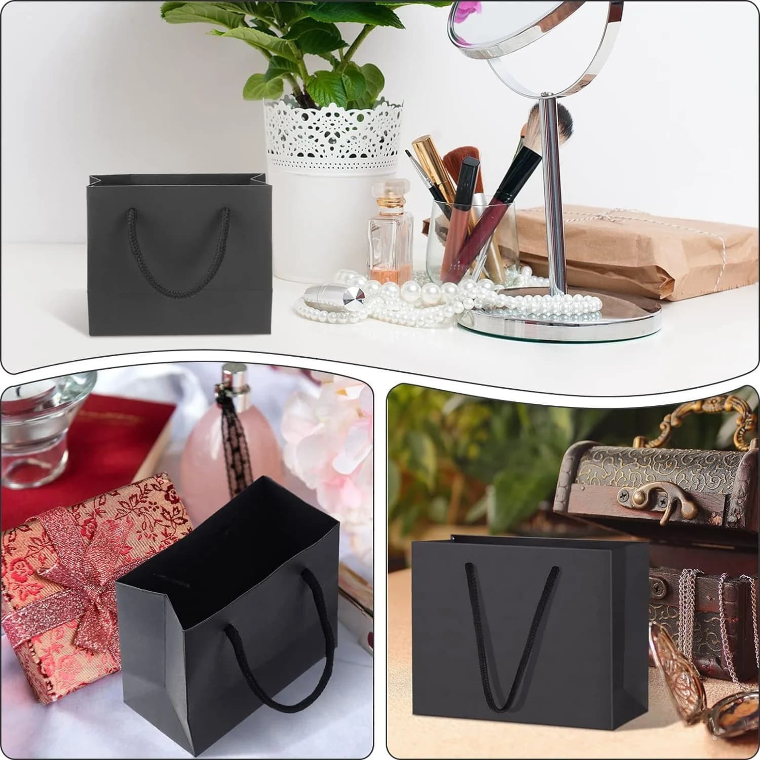 Saco de presente de papel preto em ambientes decorados, ideal para presentes e uso versátil