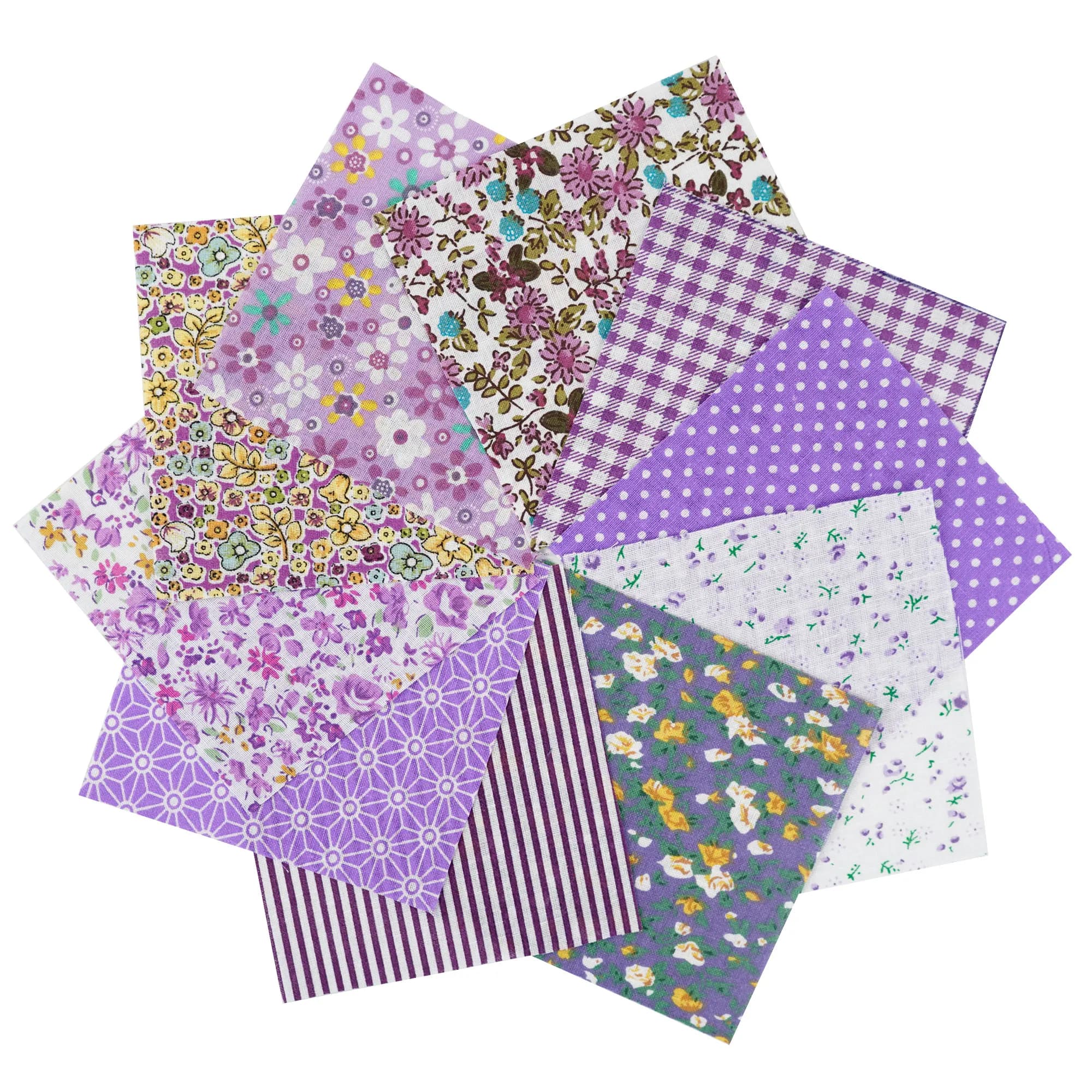 Tecido para artesanato algodão floral lilás com estampas variadas em quadrados 5x5cm e 10x10cm