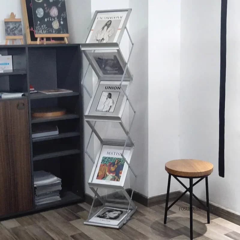 Estante de liga de alumínio A4 para revistas dobráveis, design retrô, escritório