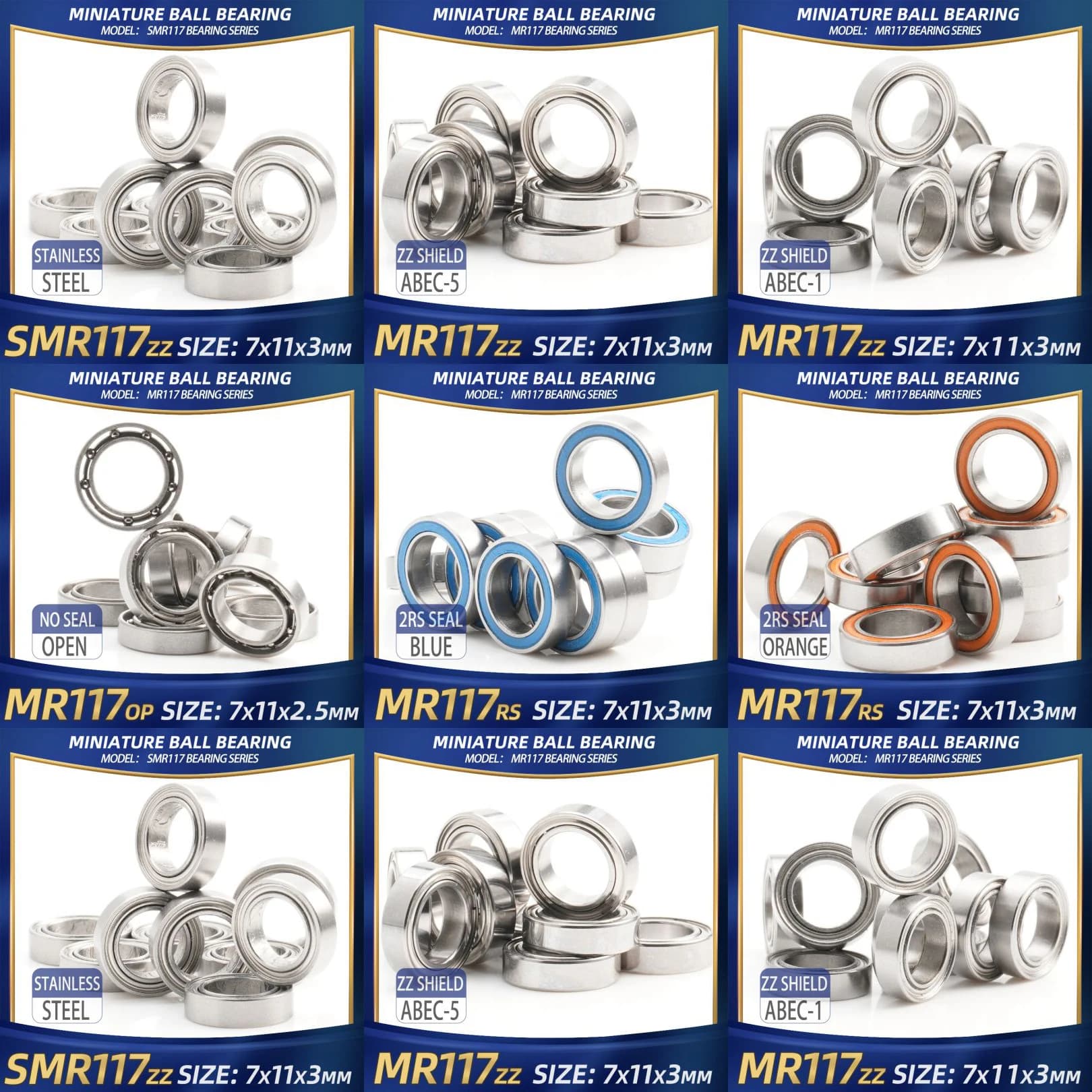 Rolamentos de esferas miniatura 7x11x3mm em aço inoxidável com diferentes modelos e tamanhos
