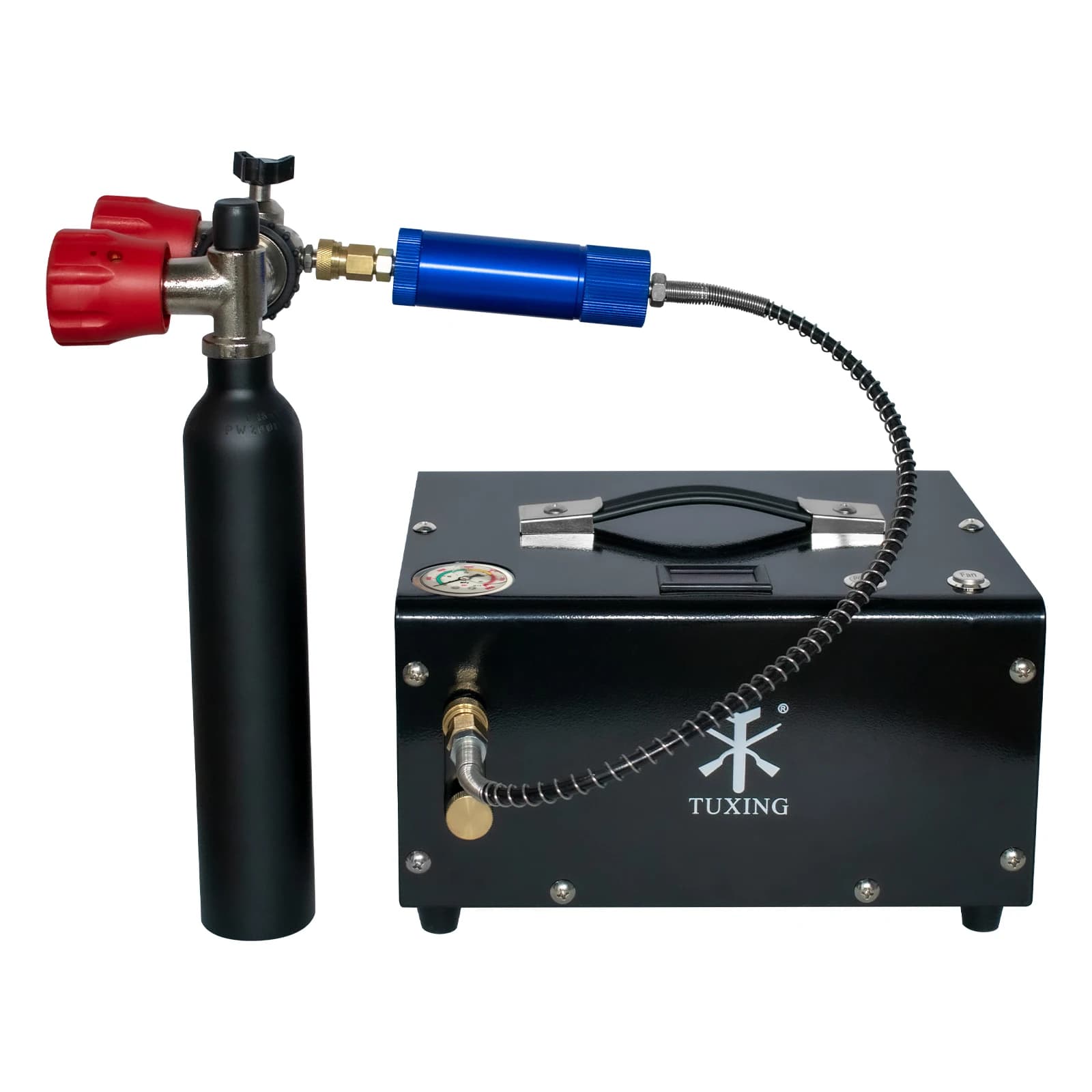Compressor de ar TUXING TXET061 4500Psi, portátil, com tanque de aço e bomba azul, fundo branco, logotipo TUXING.