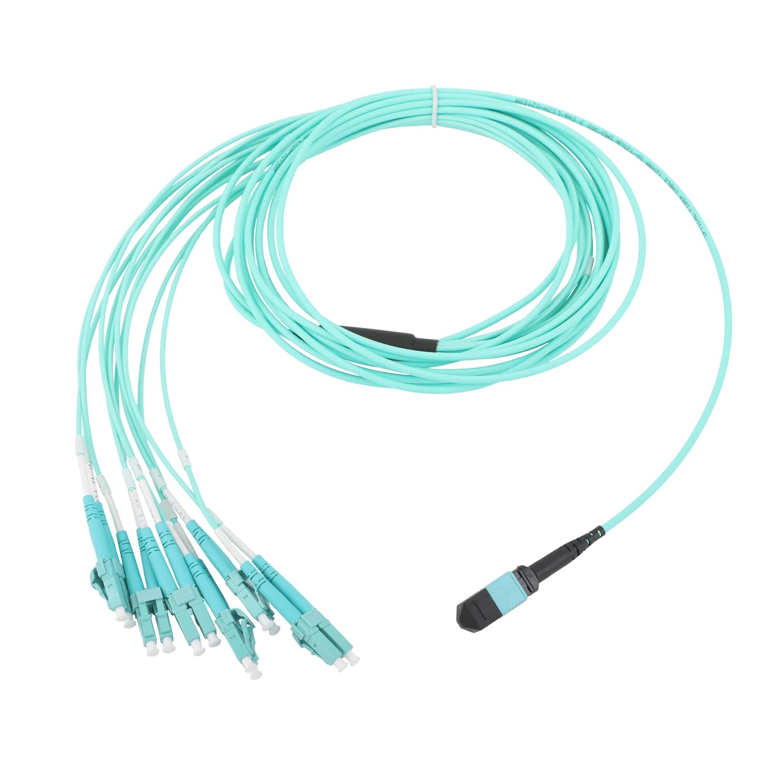 Cabo de fibra óptica multimodo 10G OM3 turquesa com conector MPO e 12 conectores LC em vista lateral