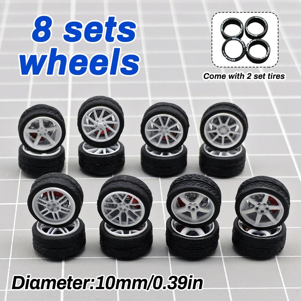 1/64 modelo rodas de carro pneus 8 conjuntos de jantes 2 conjuntos de pneus de borracha com disco de freio 10mm para mini gt rodas quentes acessórios de carro de brinquedo