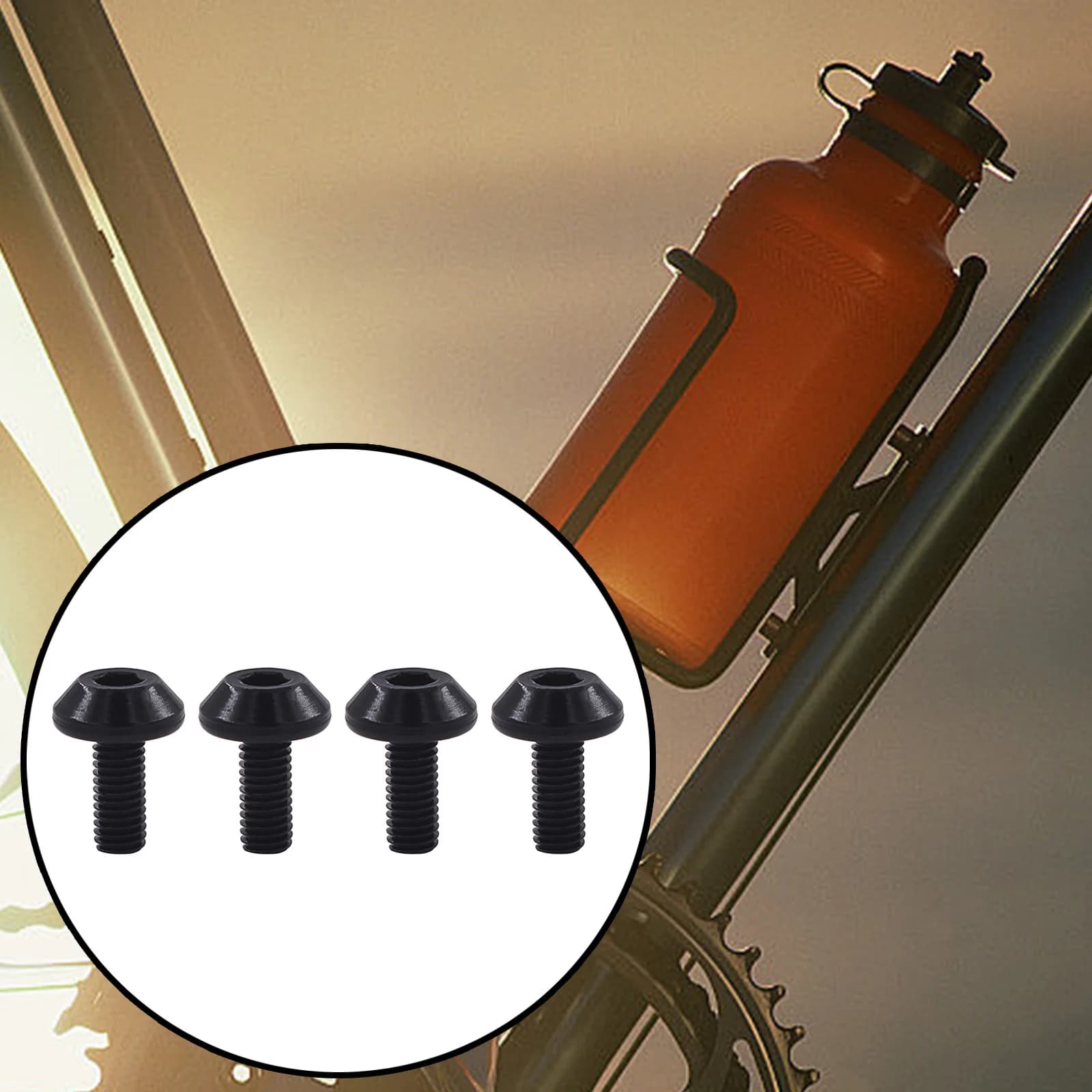Conjunto de 4 parafusos M5 pretos para suporte de garrafa de bicicleta em alumínio, aplicados em quadro de bike