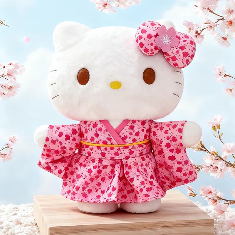 Boneca de pelúcia Hello Kitty em estilo japonês, quimono rosa com flores sakura, flor rosa na cabeça, fundo de flores de cerejeira.