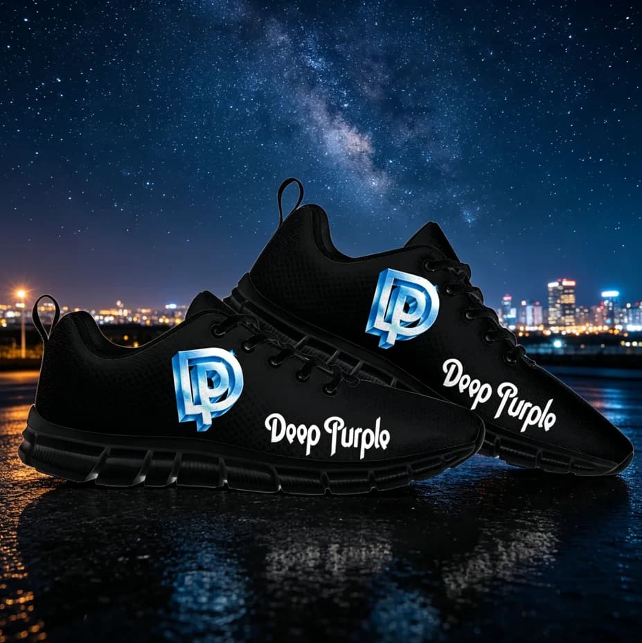 Tênis com estampa 3D da banda Deep Purple, feito no Japão, estilo casual e urbano.