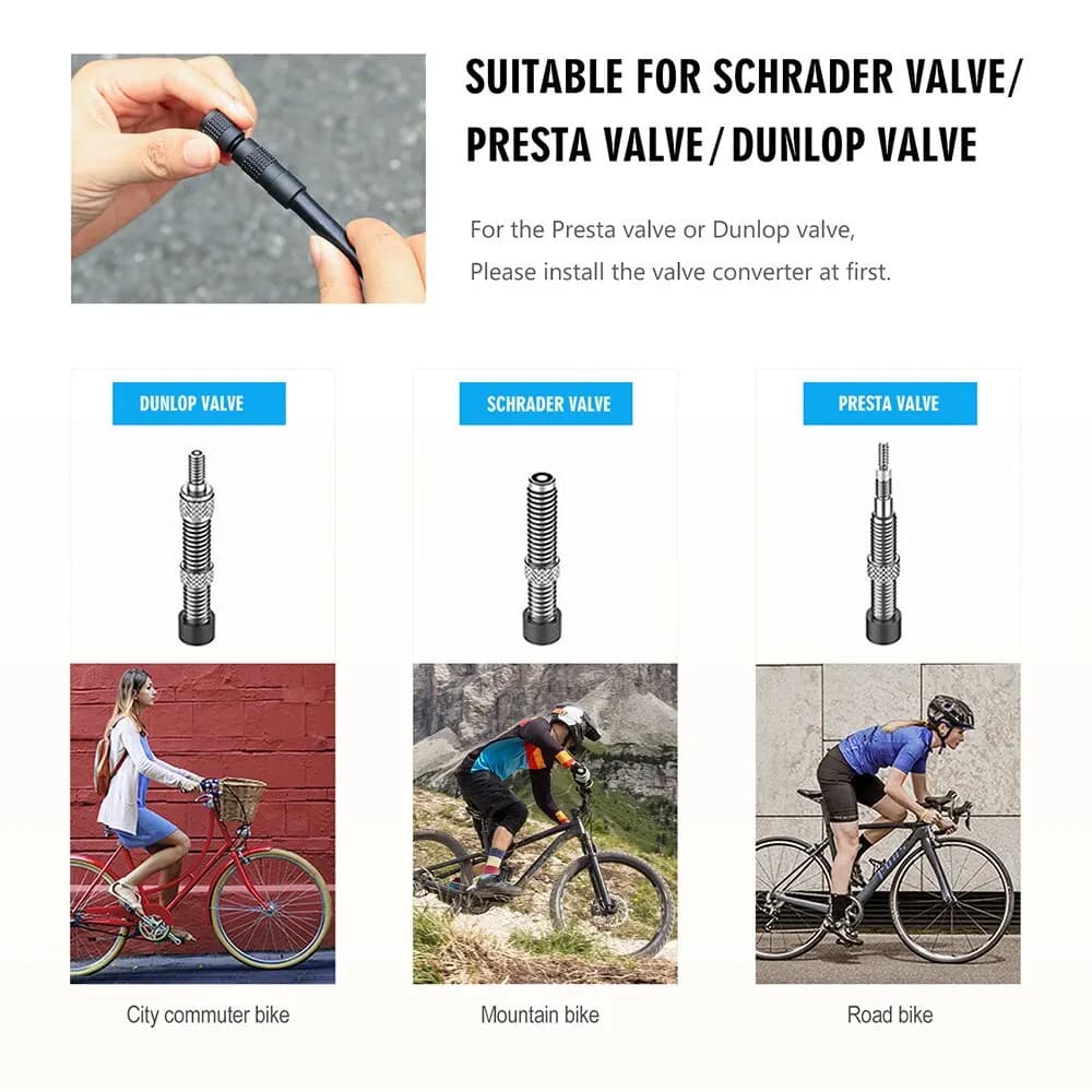 Adaptadores para válvulas Schrader, Presta e Dunlop para compressor de ar portátil CYCPLUS A8